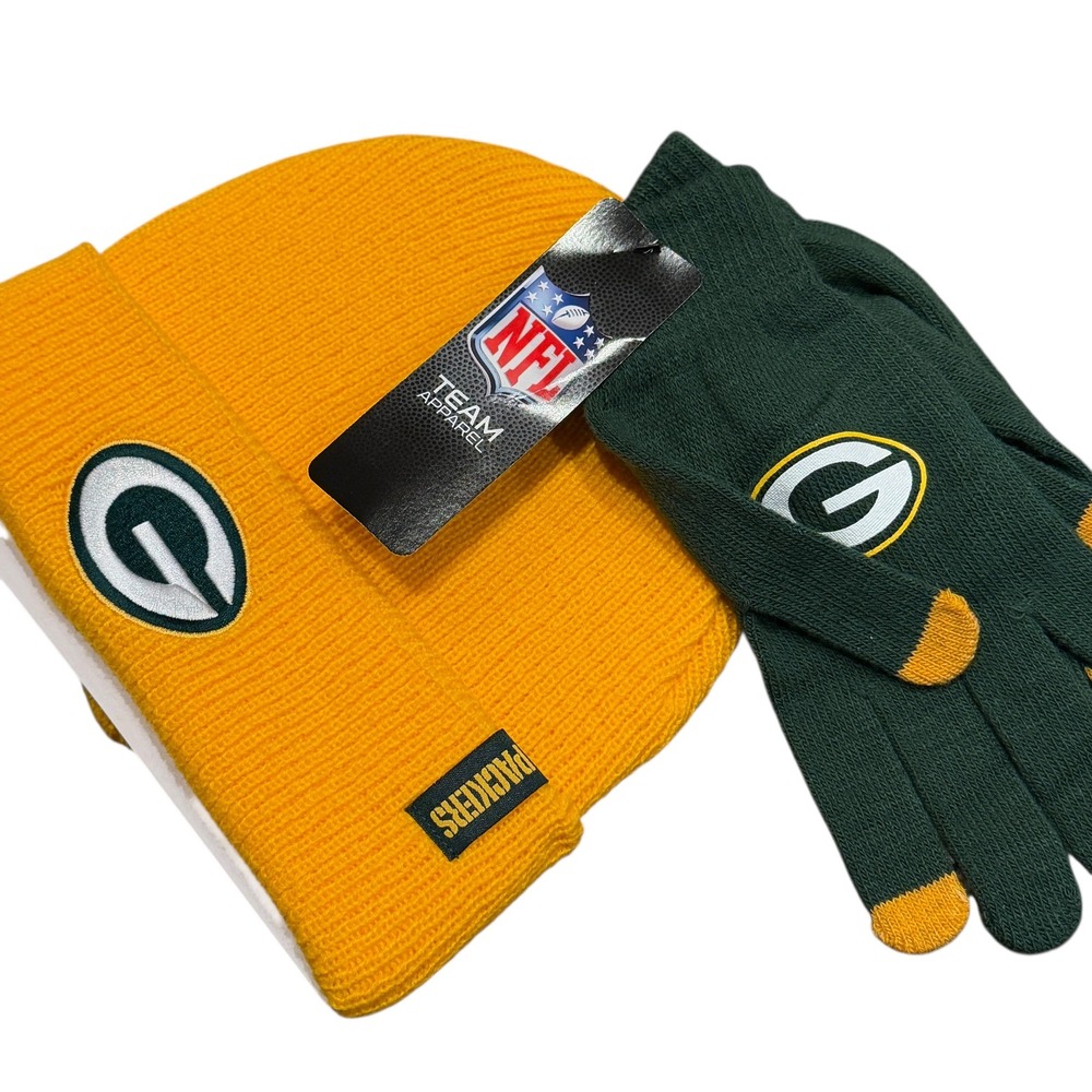 NFL Green Bay Packers Beanie Gloves Set Mens OS Yellow Green NWT Knit‎ Hat - Picture 2 of 3